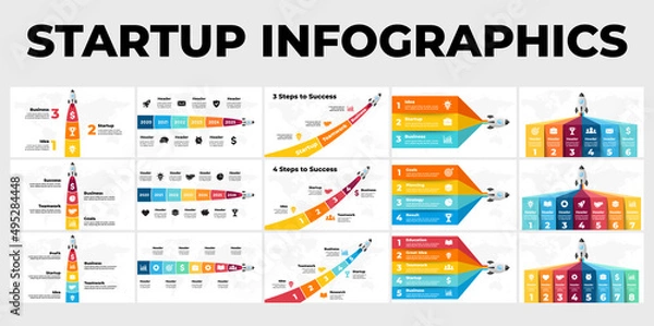 Obraz Startup vector infographic. Rocket launch. Presentation slide template. Spaceship fly. Business success diagram chart. Timeline roadmap 3, 4, 5, 6, 7, 8 options, steps. World map.