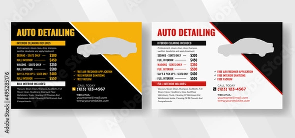 Obraz modern eddm postcard for car wash, car detailing and car rental, car service, and price list postcard, automobile car service price list postcard