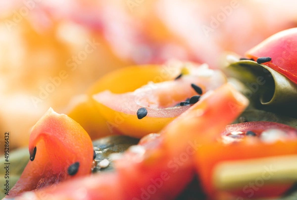 Fototapeta Scrambled eggs with bacon avocado and orange juice