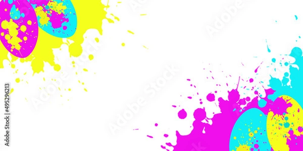 Obraz Vector creative easter border with blue, yellow, pink splashes, drops and eggs. Template for holiday card, poster, invitation.