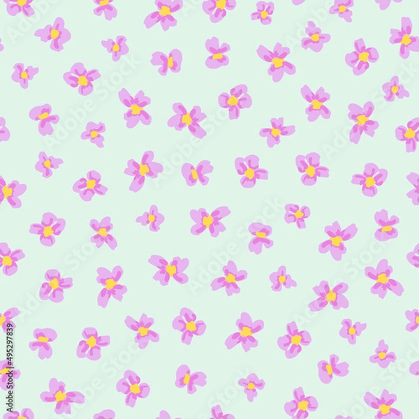 Obraz Little ditsy daisy seamless repeat minimal pattern. Random placed, vector flowers all over surface print on light green background.