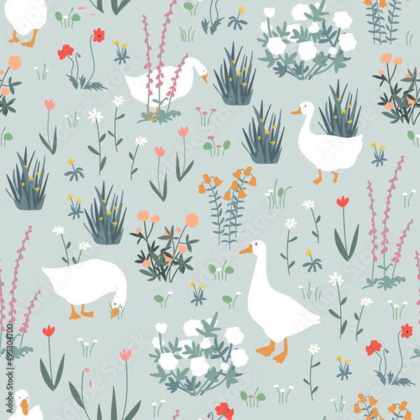 Fototapeta Cute seamless pattern with goose and doodle flowers. Geese in the spring garden. Vector illustration.