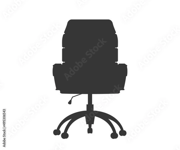 Fototapeta Front view black office chair. Comfortable leather swivel chair with high back and handrails. Working interior furniture. Cartoon vector flat illustration isolated