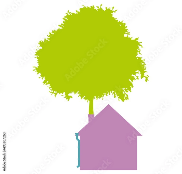 Fototapeta House on a white next to a tree. A flat one-color house, simple in shape. Sunny day