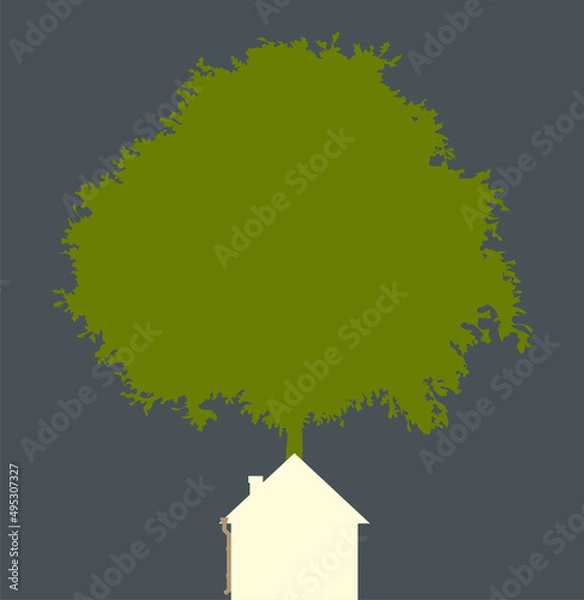 Fototapeta House next to a tree. A flat one-color vector house, simple in shape. Silent night