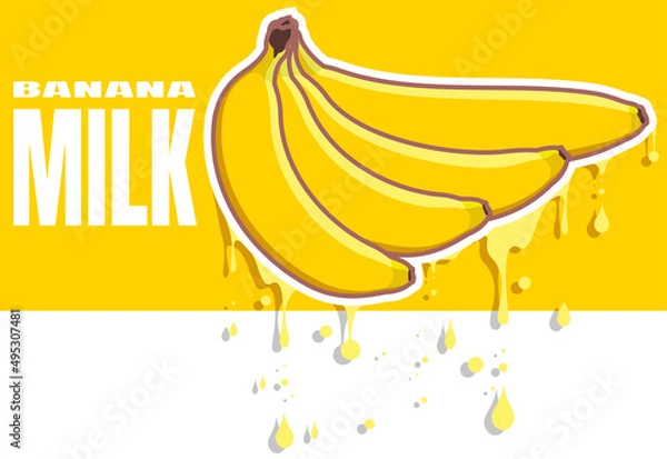 Fototapeta Banana milk flows from the fruit. Four bananas of different shapes on a yellow background. Typography and vector fruits.
