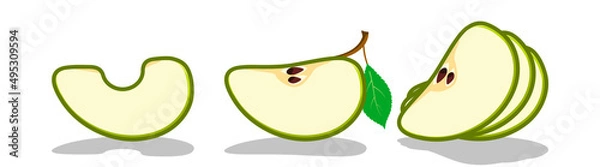 Fototapeta Apple green slices. Sliced vector juicy apple. The fruit lies on a white surface and casts a shadow.