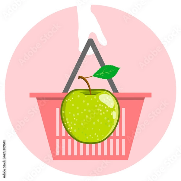 Fototapeta Green vector apple with a leaf in a grocery basket. Juicy fruit isolated on pink.