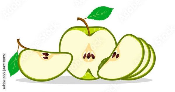 Fototapeta Apple green slices. Sliced juicy apple. The fruit lies on a white surface and casts a shadow.