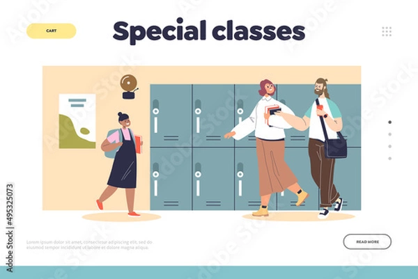 Fototapeta Special classes concept of landing page with high school corridor interior with pupils or students