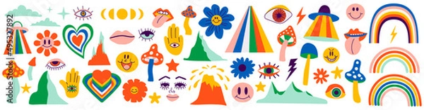 Fototapeta Set of hipster retro cool psychedelic elements. A collection graphics of groovy cliparts from the 60s 70s. Abstract icons design of cartoon stickers. Trend background vectors illustration isolated