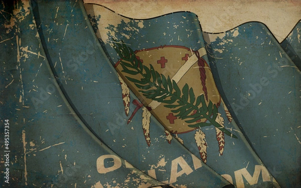 Obraz Old Paper Print - Waving Flag of the State of Oklahoma
