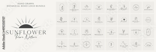 Fototapeta Botanical bundle Floral element Hand Drawn Logo with Wild Flower and Leaves. Logo for spa and beauty salon, boutique, organic shop, wedding, floral designer, interior, photography, cosmetic.