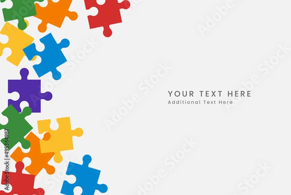 Fototapeta Colorful rainbow puzzle jigsaw pieces frame background. Purple, yellow, blue, green, red, orange puzzle separate pieces mosaic , detail, tile. Modern game team group template.