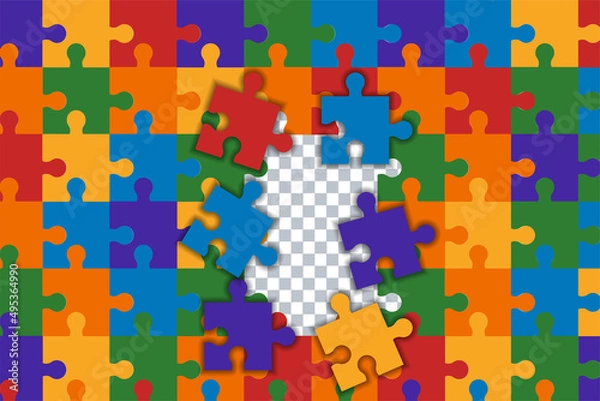 Fototapeta Colorful rainbow puzzle jigsaw pieces frame background. Purple, yellow, blue, green, red, orange puzzle separate pieces mosaic , detail, tile. Modern game team group template.
