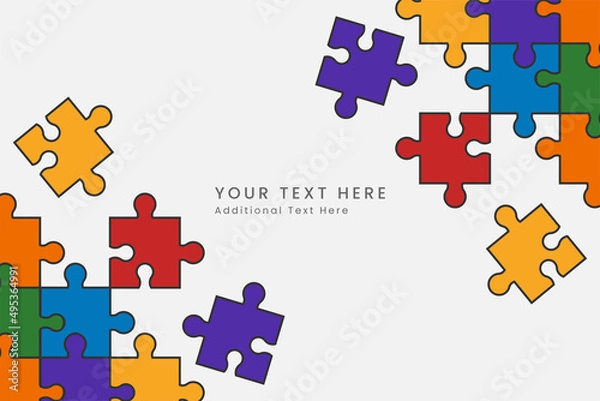 Fototapeta Colorful rainbow puzzle jigsaw pieces frame background. Purple, yellow, blue, green, red, orange puzzle separate pieces mosaic , detail, tile. Modern game team group template.