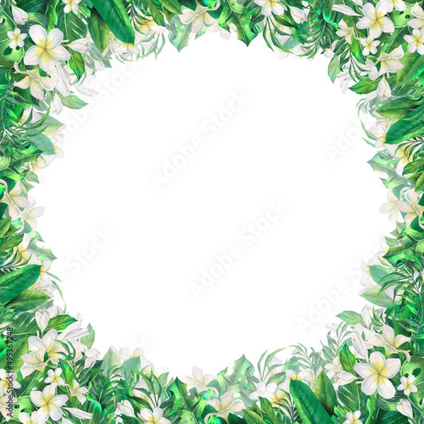 Obraz Watercolor illustration frame with tropical leaves, plumeria flowers. Beach, wedding, summer, exotic. For menus, postcard design, invitations, presentations, information boards.