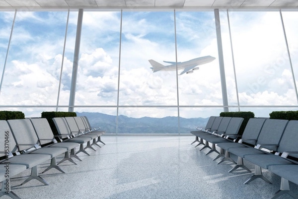 Obraz 3D Rendering : illustration of at airport terminal. view from airport looked out. big window glass. airplane flying on blue sky background. travel around the world concept. ready for travel concept
