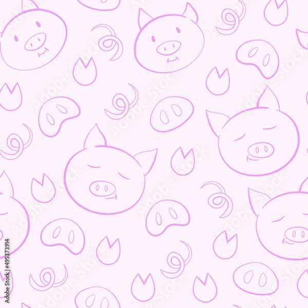 Fototapeta Seamless background with pigs, hooves and tails. Cute pattern with cartoon muzzles of piglets on a pink background. Vector.