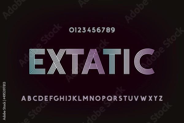Fototapeta Extatic Hand Crafted Sans Serif Style Font Lettering - Five Stripes Retro Pop Style Grotesque Caps and Numerals on Black Background - Typography Graphic Design