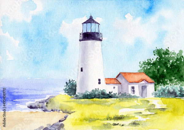 Fototapeta Watercolor illustration of a lighthouse with an additional building on a green hill under the blue skies 