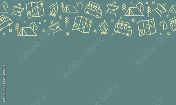 Obraz Camping seamless vector pattern. Outdoor recreation, hike horizontal banner with outline icons of campfire, tent, truck, map, barbecue and forest. Design for web page poster, wallpaper, packaging
