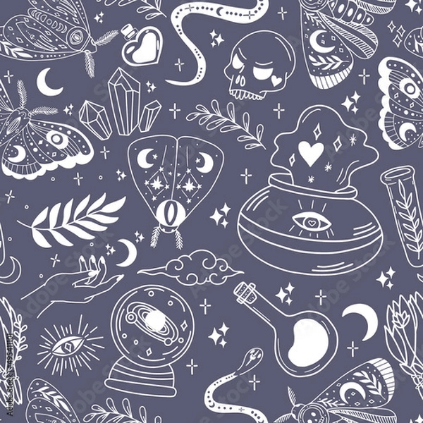 Obraz Witchcraft and magic seamless pattern made with various elements. Fortune telling and astrology. Mystic vibes, enigma.
