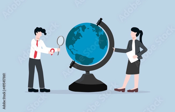 Fototapeta Exploring new location for investment, increasing customer base, or expanding business concept. Businesswoman and businessman try to pin investment base location on mock globe.  