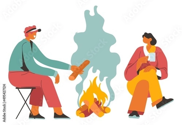 Fototapeta Couple camping getting warm by bonfire vector
