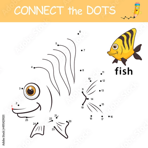 Fototapeta Exotic fish. Dot to dot Game with answer. Connect the dots by numbers to draw the animal. Logic Game and Coloring Page with cartoon cute fish. Education card for kids learning counting numbers 1-25.