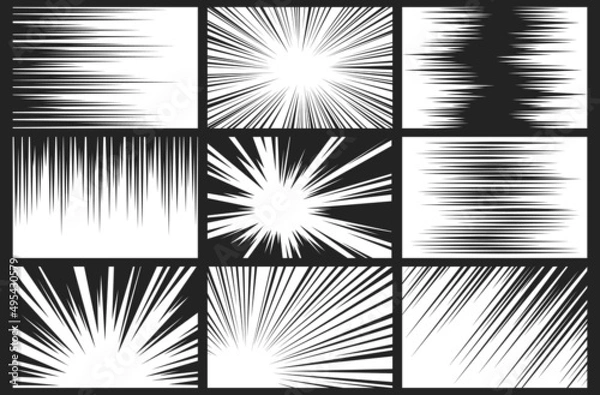 Fototapeta Comic book, manga or anime speed lines, zoom and motion effects. Cartoon superhero action background. Comics radial light flash, burst and fast movement vector set
