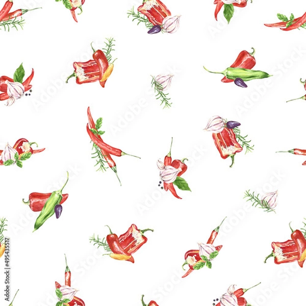 Fototapeta watercolor pattern pepper and aromatic herbs 