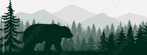 Fototapeta wildlife landscape with bear silhouette and forest, panoramic format realistic vector EPS