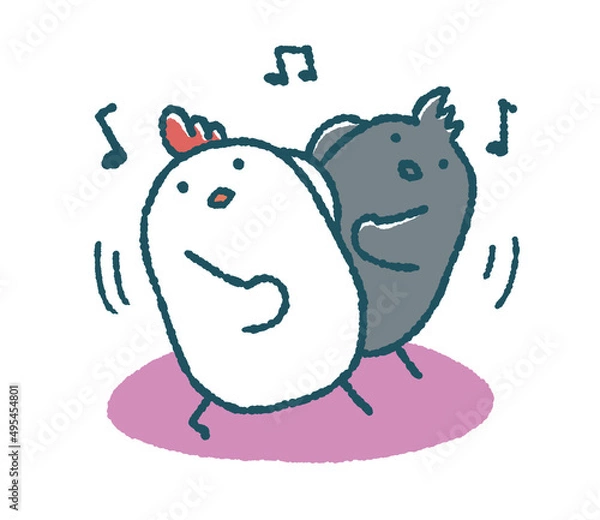 Obraz ゆるいにわとりとカラスはダンスをする