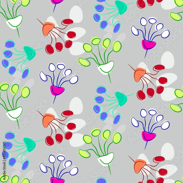 Fototapeta Vector seamless half-drop pattern, with leaves and bud