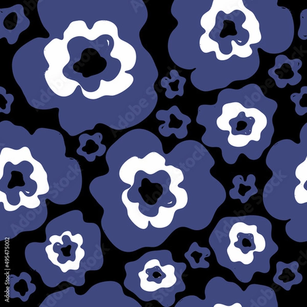 Obraz Blue flower pattern, vector background with hand drawn abstract flowers. Perfect for wallpapers, surface texture, textile pattern