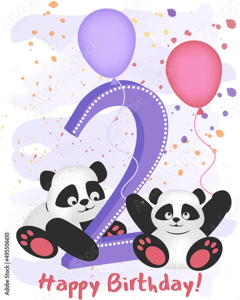 Fototapeta Happy second birthday. Greeting card with pandas and balloons with the inscription.
