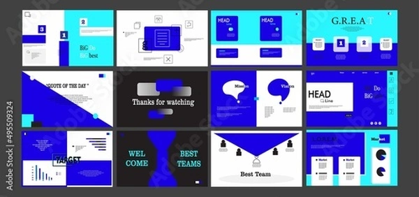 Fototapeta Power point template design. Set PPT, powerpoint, power point template, landing page, website design. UI, UX, interface, presentation design. 