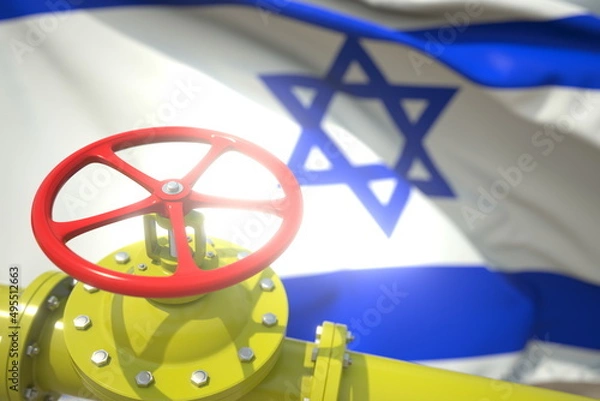 Fototapeta Waving flag of Israel and the gas or oil pipeline valve. Conceptual 3d rendering