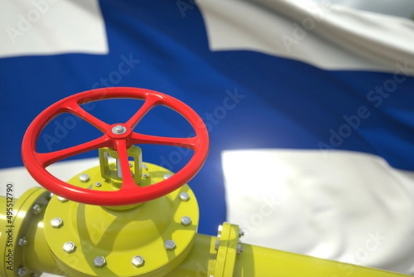 Fototapeta Gas or oil pipe valve and flag of Finland. Conceptual 3d rendering