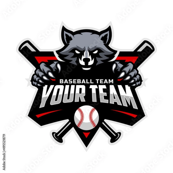 Fototapeta Raccoon mascot for baseball team logo. Vector illustration.