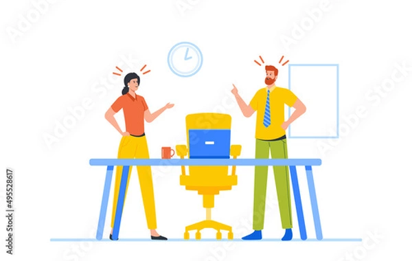 Fototapeta Business Man and Woman Characters Opponents Arguing, Staring at Each Other in Office. Work Conflict Between Colleagues