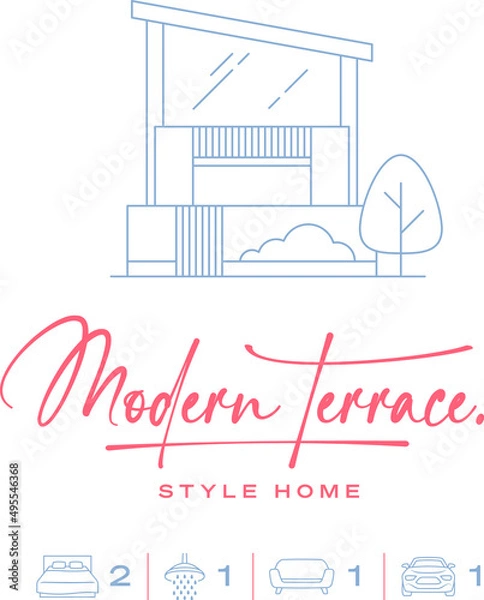 Obraz Line icon of a Modern Terrace style home with a hand written font and icons for bed bath living car