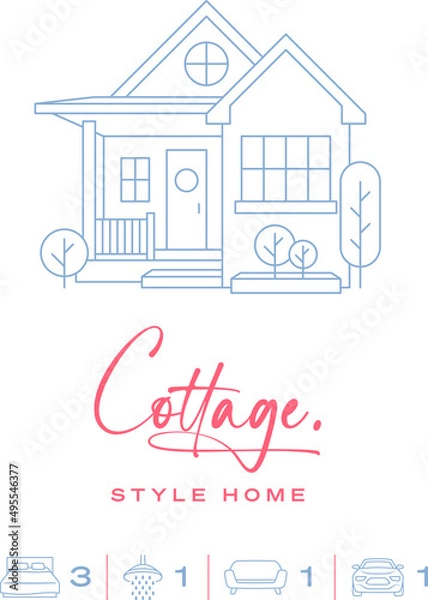 Fototapeta Line icon of a Cottage style home with a hand written font and icons for bed bath living car