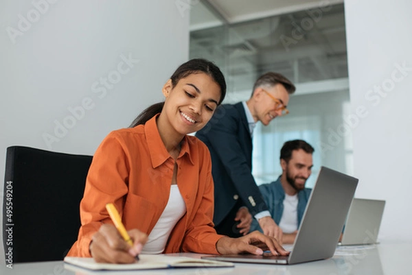 Fototapeta Group of diverse business people using laptop computers working together in office. Teamwork, meeting, successful business concept. African American manager taking notes planning start up at workplace