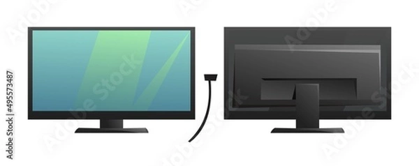 Fototapeta Computer monitor power. Front and back views. Cartoon style. Object isolated on white background. Vector