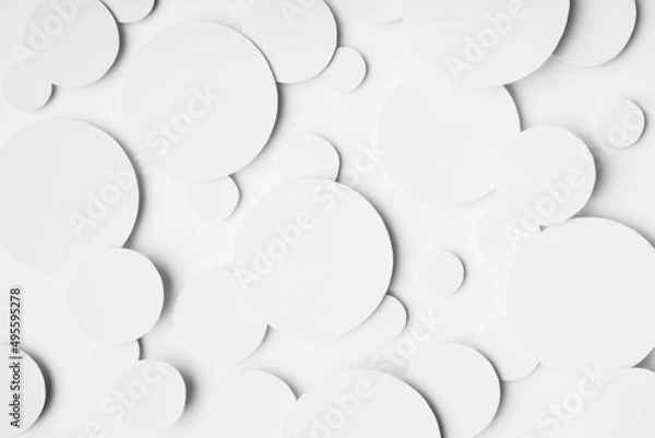 Fototapeta Energy mess abstract pattern of white paper circles different size in soft light, top view. Simple gentle airy calm modern background in future minimalistic style.