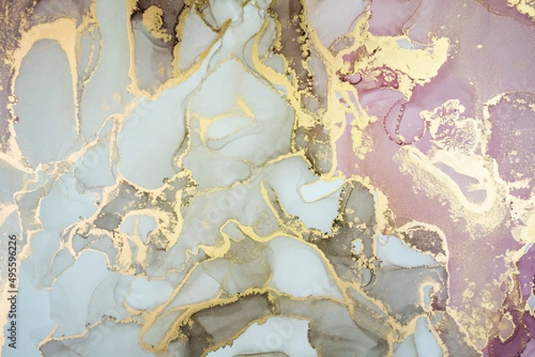 Fototapeta Luxury abstract painting in fluid art technique.Transparent layers of pastel pink, brown and gold paints create marbled texture of stripes, swirls and veins with glowing gold and glitter.