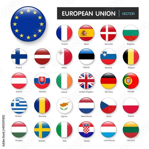 Obraz Set of flags european union and members in botton stlye,vector design element illustration