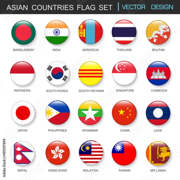 Obraz Asian Countries flags  set and members in botton stlye,vector design element illustration